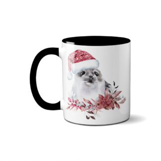 Customizable 11 oz. Holiday Mug with a black handle and rim, featuring a festive pug in a Santa hat surrounded by holiday florals.