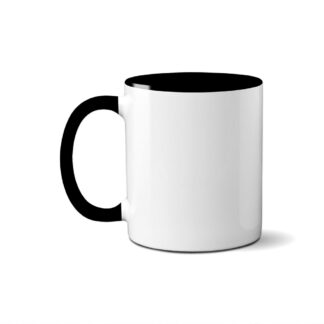 White 11 oz. Accent Mug with black handle and rim displayed on a product page against a plain white background.