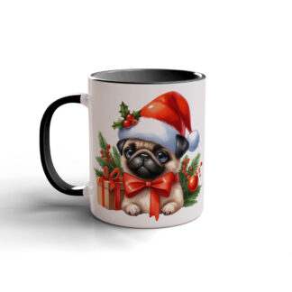 Festive Pug Mug with Santa Hat Design featuring a cute pug in a Santa hat, surrounded by holiday decorations and gifts.