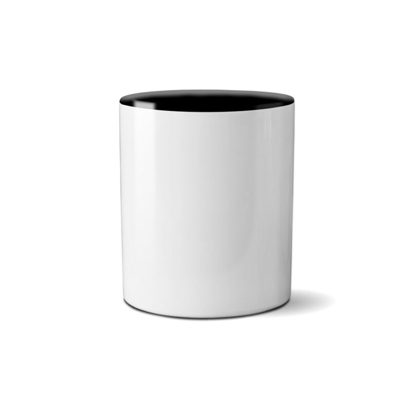 Personalized 11 oz. Accent Mug with a sleek white exterior and black interior. Perfect for custom designs or logos.