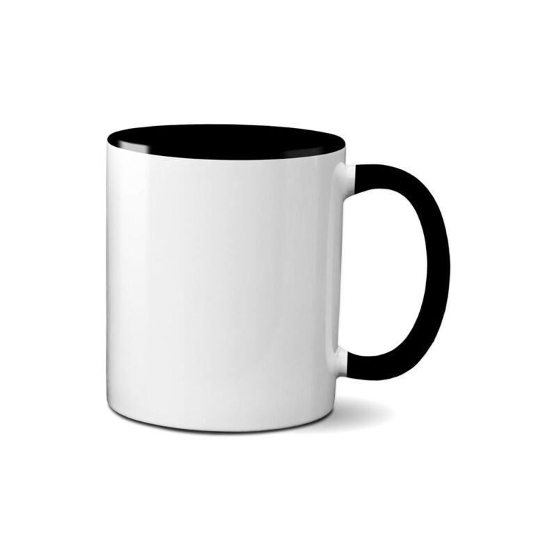 White 11 oz. accent mug with black handle and rim, customizable for personalization.