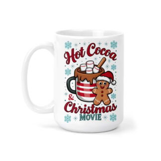 White mug with "Hot Cocoa & Christmas Movie" text, featuring a gingerbread man and a striped cup of hot cocoa topped with marshmallows.