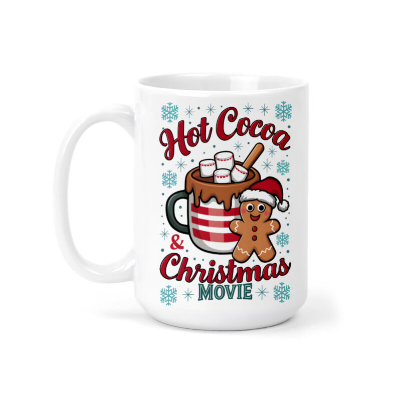 White mug with "Hot Cocoa & Christmas Movie" text, featuring a gingerbread man and a striped cup of hot cocoa topped with marshmallows.