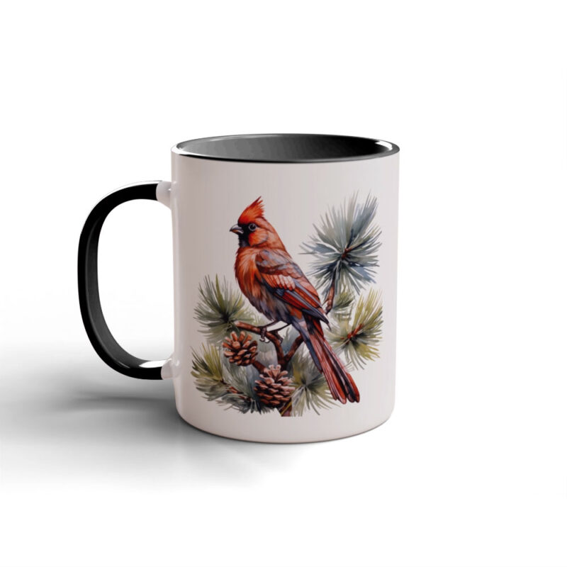 Custom 11 oz. Accent Mug with black handle and rim featuring a detailed illustration of a cardinal on pine branches.