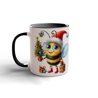 Whimsical Holiday Bee Mug for Christmas Cheer showing a bee in Santa hat with gifts and a decorated tree.