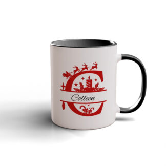 Personalized Holiday Cheer Ceramic Mug with a black handle, featuring a monogram and festive red holiday design.