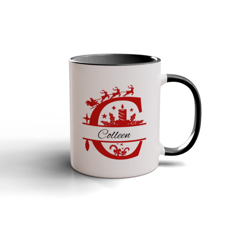 Personalized Holiday Cheer Ceramic Mug with a black handle, featuring a monogram and festive red holiday design.