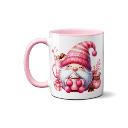 Custom Pink Gnome Holiday Mug featuring a cute gnome holding a cupcake, surrounded by festive decorations.