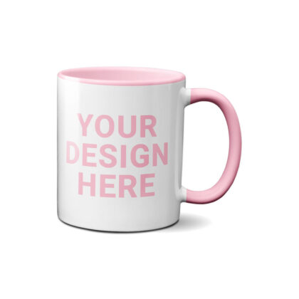 White mug with pink handle and interior, text reads "YOUR DESIGN HERE". Custom Pink Gnome Holiday Mug product display.